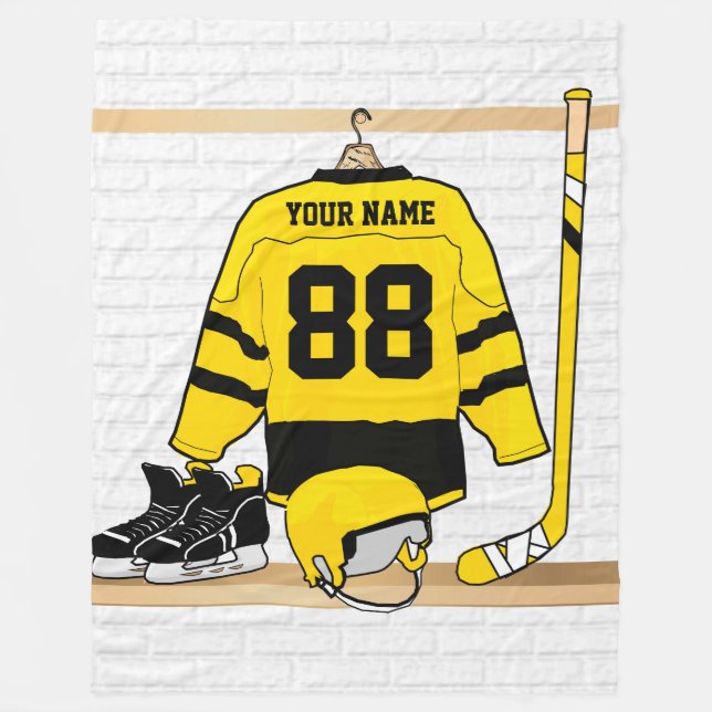 Personalised Yellow and Black Ice Hockey Jersey Fleece Blanket (Front)