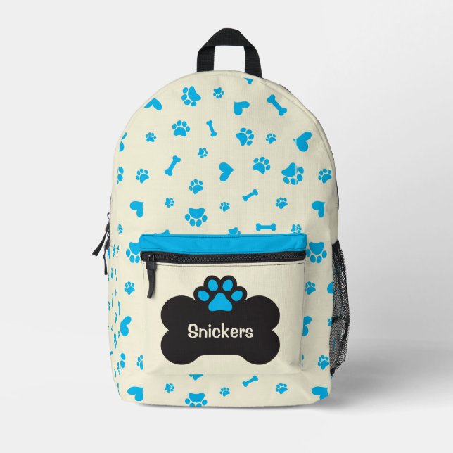Personalised Yellow and Blue Dog Paw Printed Backpack (Front)