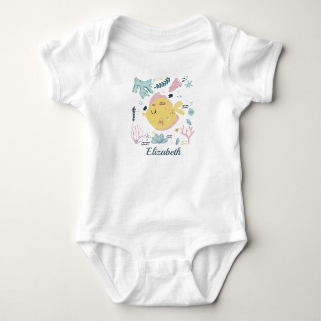 Personalised Yellow and Pink Fish Sea Life Ocean Baby Bodysuit (Front)