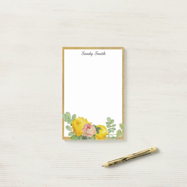 Personalised Yellow and Pink Roses Floral  Post-it Notes (On Desk)