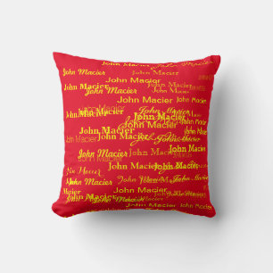 personalised yellow and red, cool typography cushion