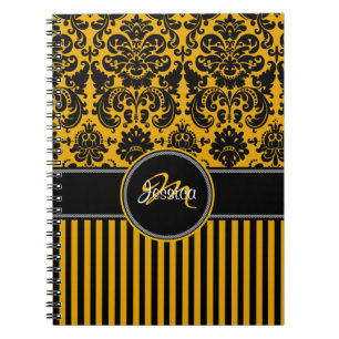 Personalised Yellow Black White Striped Damask Spiral Notebook