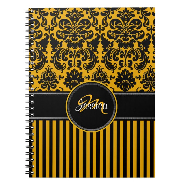 Personalised Yellow Black White Striped Damask Spiral Notebook (Front)