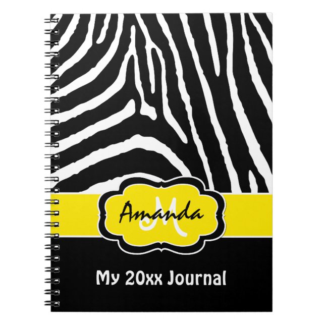 Personalised Yellow Black White Zebra Stripe Spiral Notebook (Front)
