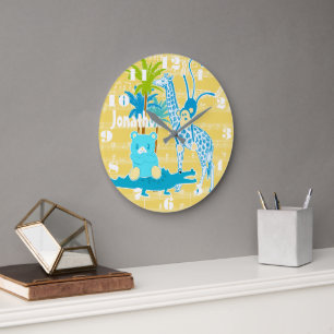 Personalised Yellow Blue Jungle Animal Wall Clock