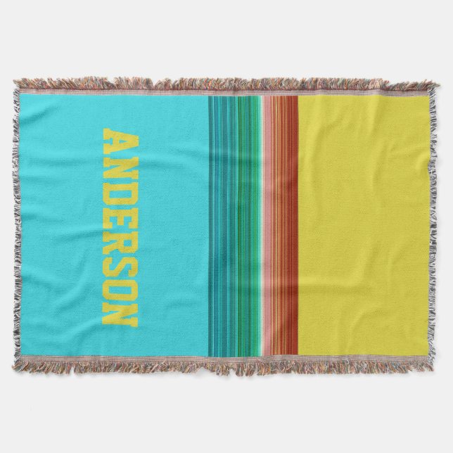 Personalised Yellow Blue Multicolor Stripe Pattern Throw Blanket (Front)