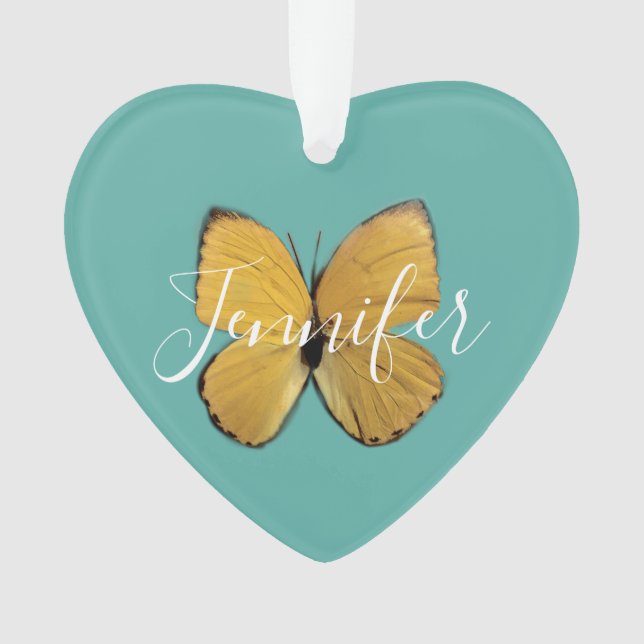 Personalised Yellow Butterfly Heart Shaped Ornament (Front)