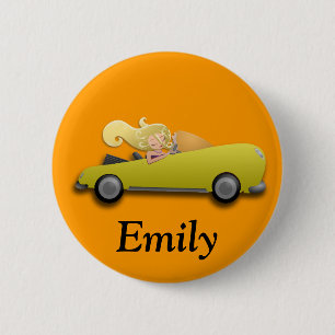 Personalised Yellow Car and Girl Button