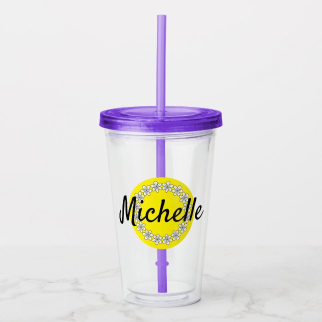Personalised yellow daisy flower tumbler glass (Front)
