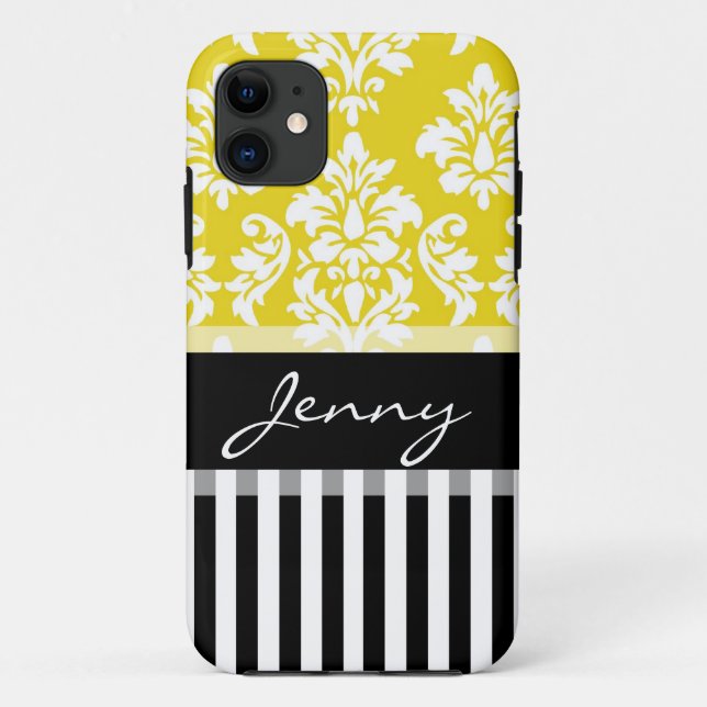 Personalised Yellow Damask Black Stripes Case-Mate iPhone Case (Back)