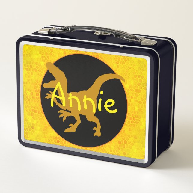 Personalised Yellow Dinosaur Hide Metal Lunch Box (Back)
