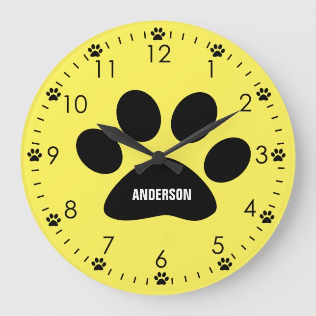 Personalised Yellow Dog Paw Large Clock (Front)