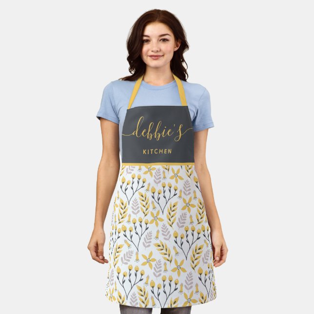Personalised Yellow Floral All-Over Print Apron (Worn)