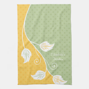Personalised Yellow Green Polka Dot Floral Vine Tea Towel
