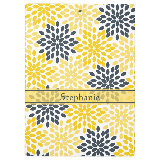 Personalised Yellow, Grey Charcoal Modern Floral Clipboard (Back)