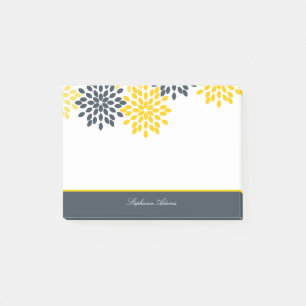 Personalised Yellow, Grey Charcoal Modern Floral Post-it Notes