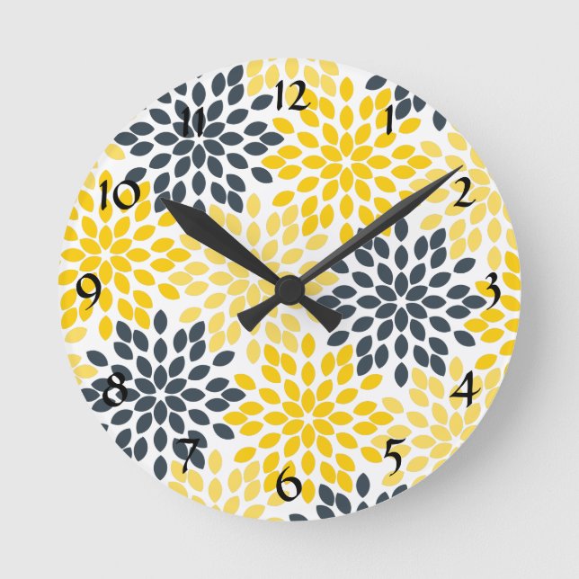 Personalised Yellow, Grey Charcoal Modern Floral Round Clock (Front)