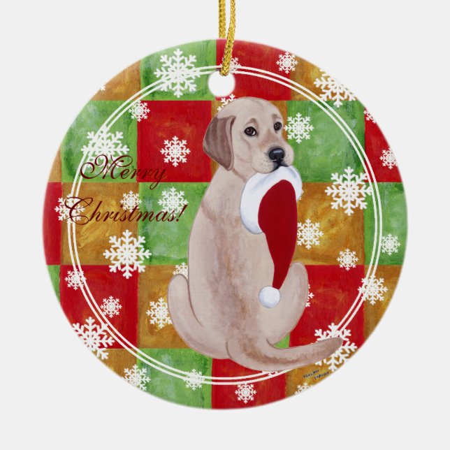Personalised Yellow Lab Christmas Santa Hat Ceramic Tree Decoration (Front)
