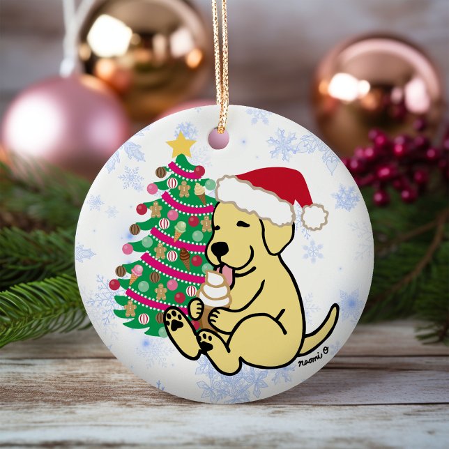 Personalised Yellow Labrador Ice Cream Ceramic Tree Decoration (Personalized Yellow Labrador Ice Cream Christmas Ornament for Yellow Labrador Owners.  Cartoon Style)