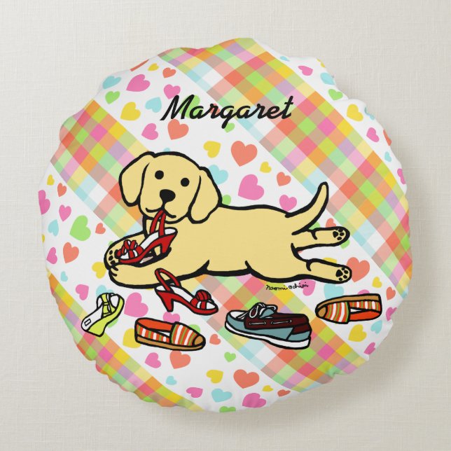 Personalised Yellow Labrador Puppy Cartoon Round Cushion (Back)