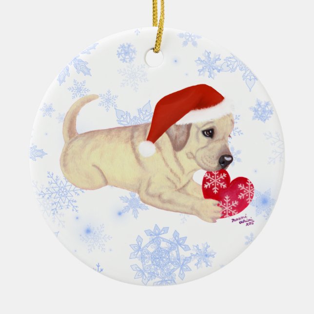 Personalised Yellow Labrador Puppy Santa's Hat Ceramic Tree Decoration (Front)