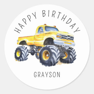 Personalised Yellow Monster Truck Birthday Gift Classic Round Sticker