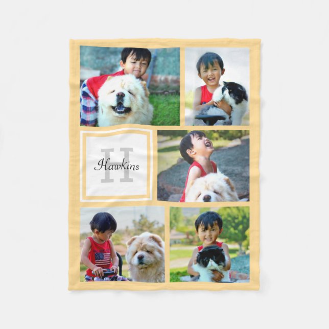Personalised Yellow Photo Collage Monogrammed Gift Fleece Blanket (Front)