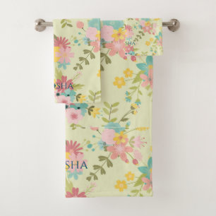 Personalised Yellow Pink Green Florals Bath Towel Set