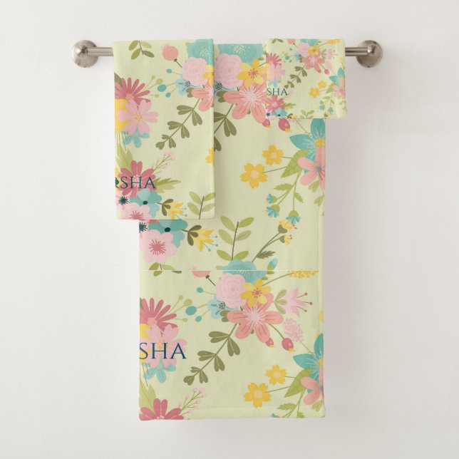 Personalised Yellow Pink Green Florals Bath Towel Set (Insitu)