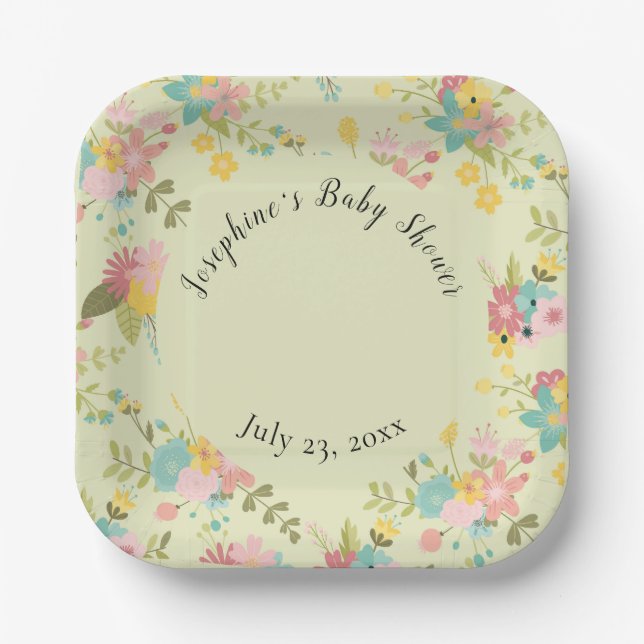 Personalised Yellow Pink Green Florals Paper Plate (Front)