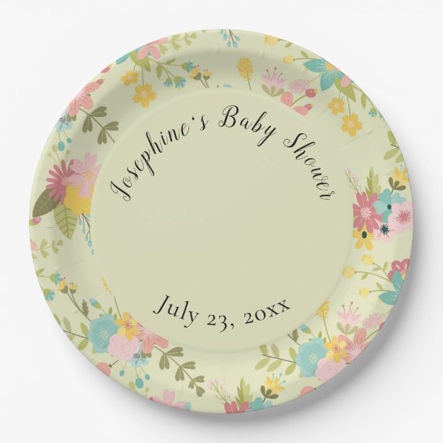 Personalised Yellow Pink Green Florals Paper Plate (Front)