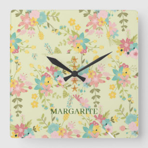 Personalised Yellow Pink Green Florals Square Wall Clock