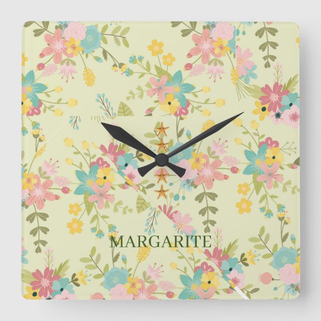 Personalised Yellow Pink Green Florals Square Wall Clock (Front)