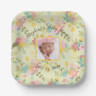 Personalised Yellow Pink Green Florals w/ Image Paper Plate