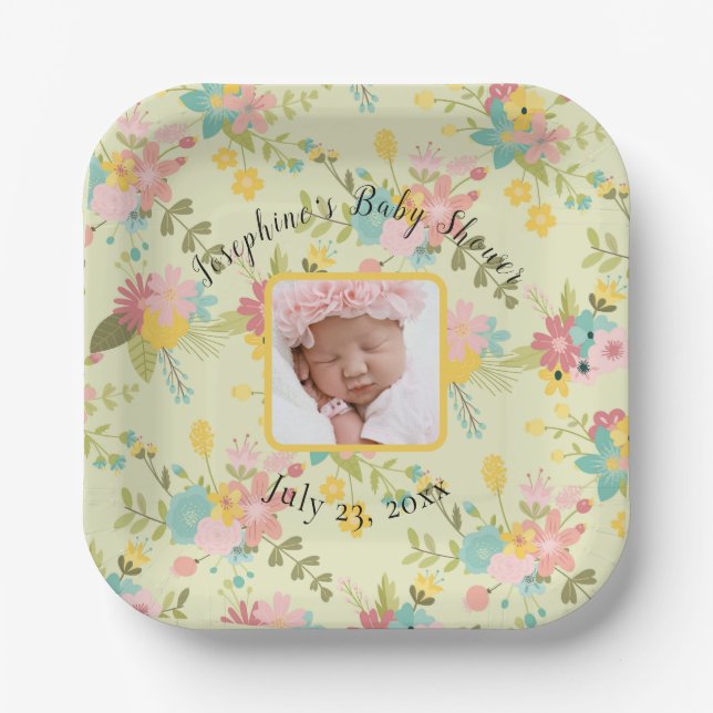 Personalised Yellow Pink Green Florals w/ Image Paper Plate (Front)