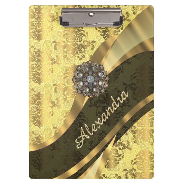 Personalised yellow pretty girly damask pattern clipboard (Front)