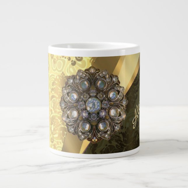 Personalised yellow pretty girly damask pattern large coffee mug (Front)