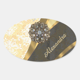 Personalised yellow pretty girly damask pattern oval sticker