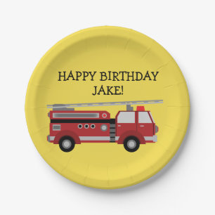 Personalised Yellow Red Firetruck Birthday Party Paper Plate