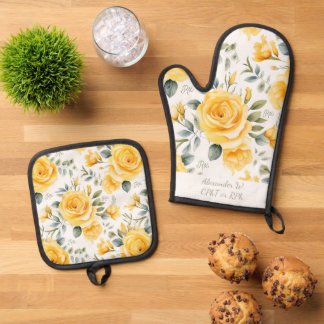 Personalised Yellow Rose & RX Pharmacy Oven Mitt & Pot Holder Set