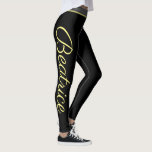 Personalised yellow script yoga fitness and gym leggings<br><div class="desc">Personalised yellow script yoga and fitness leggings. Trendy workout pants with custom name. Sporty clothing for women and girls. Personalizable black tights in any colour combination. Make your own for gym, dance, training, meditation and more. Add your own text down the legs on both sides. Elegant typography template. Unique Birthday...</div>