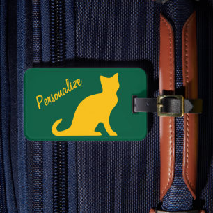 Personalised yellow sitting cat silhouette travel luggage tag