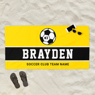 Personalised Yellow Soccer Player Name Beach Towel