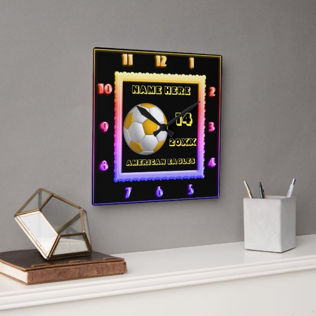 Personalised Yellow Text Soccer square clock (Office)