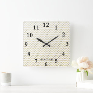 Personalised yellow "v" design square wall clock