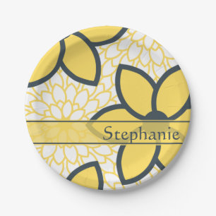 Personalised Yellow, White, Charcoal Modern Floral Paper Plate
