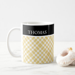 Personalised Yellow White Gingham Custom Name Coffee Mug