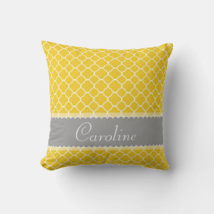 Personalised Yellow White Grey Quatrefoil Pattern Cushion