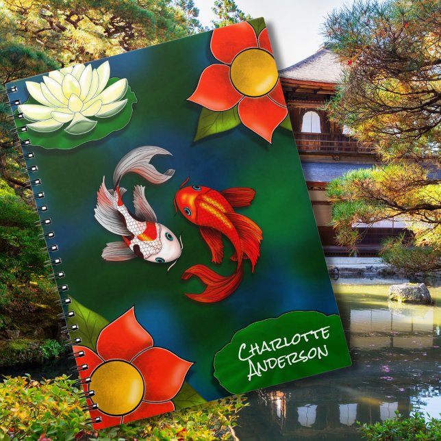 Personalised Yin Yang Koi Fish White Lotus Pond Notebook (Creator Uploaded)