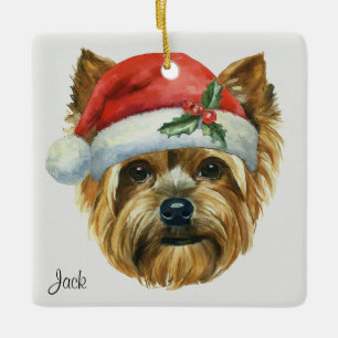 Personalised Yorkshire Dog Wearing a Santa Hat Ceramic Ornament